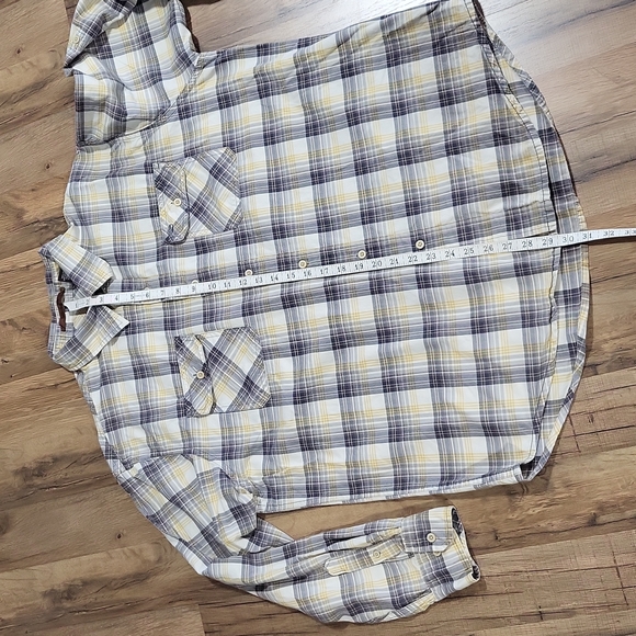 TIMBERLAND GRAY YELLOW PLAID ROLL TAB COTTON WESTERN BUTTON DOWN BUTTON SHIRT - Picture 12 of 15